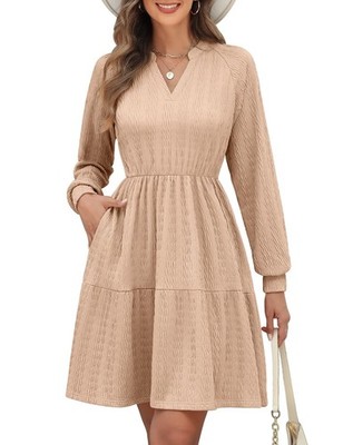 Schickes und elegantes Damen Kleid Langarm Midi Kleid weich V-Ausschnitt Größe