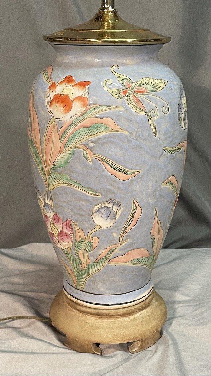 Vintage 1980s Handpainted Chinoiserie Blue Floral & Bird 29
