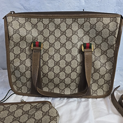 1980s Gucci Ophida Web Stripe Leather Brown HandBag Strap Coin