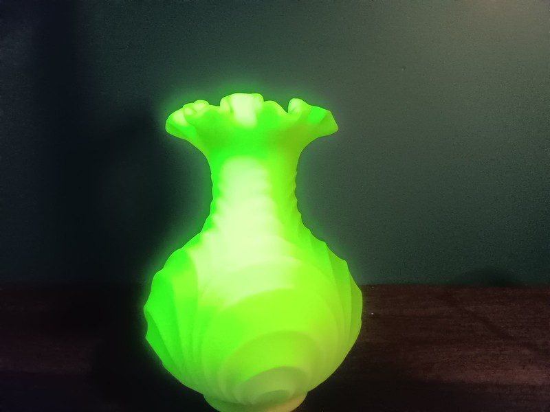 Vintage Fenton Custard Satin Ruffled Top Swirl Green Vase 8" Tall Uranium Glows