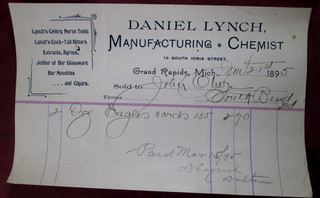 Old 1895 Invoice from Daniel Lynch Chemist Grand Rapids Mi. Tonics Bitters