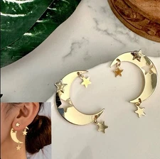 Gold Star Cutout Crescent Moon Earrings Bohemian Dangle Celestial Jewelry NEW