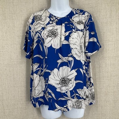 Zara Basic Blouse Womens Large Blue Floral Crossover Back Short Sleeve Boho Top