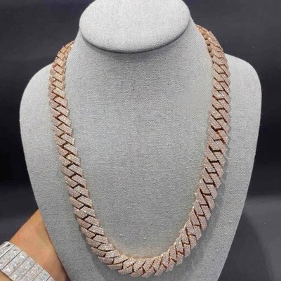 Rose Gold Plated, Moissanite Miami Cuban Link Chain VVS1 D Color Stones ￼