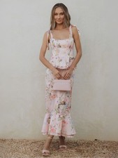 Show Me Your MuMu Pauline Peplum Dress Powder Pink Blooms Taffeta XXS $298 NEW