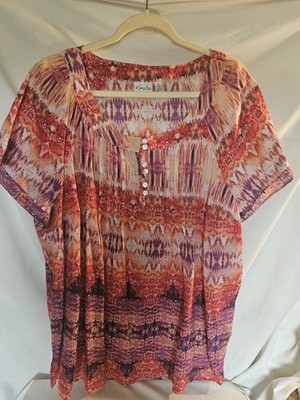 Kim Rogers Woman 2X Southwest Aztec Watercolor Top Blouse S/s