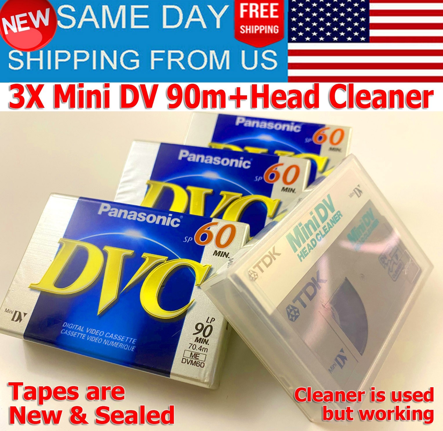 3Pack NEW Panasonic Mini DV 90m Tapes SEALED + tested Head Cleaner