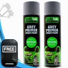 AUTOTEK GREY PRIMER Spray Aerosol Professional Fast Drying Paint 2 x 500ml+Gl+M