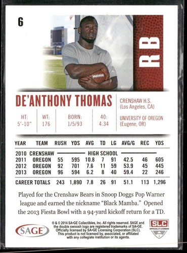De'Anthony Thomas 2014 SAGE HIT #6 Oregon Ducks - Picture 2 of 2
