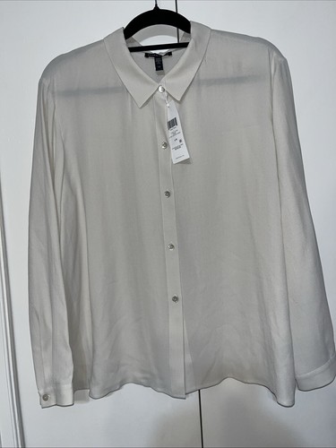 EILEEN FISHER 100% Silk Womens Georgette Crepe Classic Collar Shirt Bone LG NWT