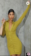 PrettyLittle Thing Chartreuse Brushed Rib Long Sleeve Ruched Shirt Dress Size 10