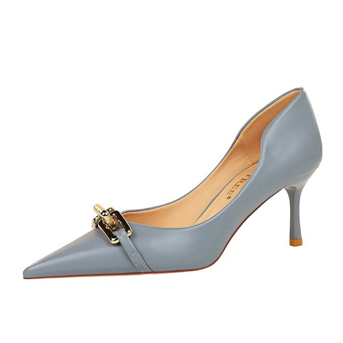 Women's 7cm Mid Heel Prom Shoes Faux Leather Pointed Toe Metal Chain Strap Pumps - Picture 16 of 23