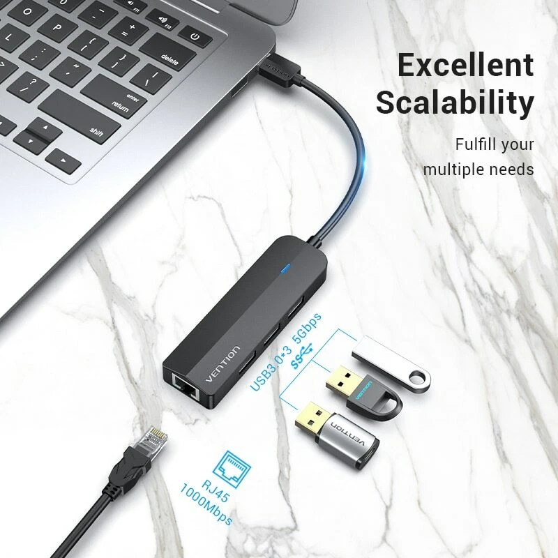 USB 3.0 to Ethernet Adapter 3 Port USB 3.0 Hub Network Adapter 1000M Laptop PC - Image 3 of 4