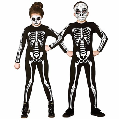 PartyXPeople Skelett Kinder Kostüm – Overall Mit Haube, Größe 116, Schwarz Mit Weißen Knochen, Für Halloween