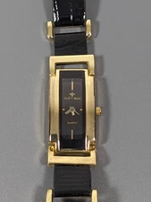 Bell & Rose Womens Gold Tone Rectangle Case Black Faux Leather Watch