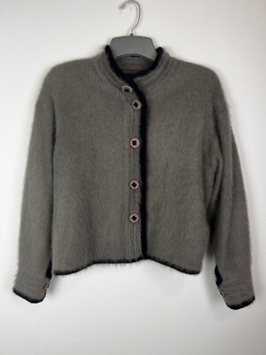 VTG Venesha High Quality Angora Sweater Cardigan Gray Black Trim Large 