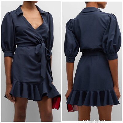 Cinq A Sept Vickie Puff-Sleeve Ruffled Mini Wrap Dress in Navy 2 New With Tags!