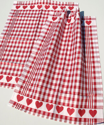 2x Dish Towels Hearts Kracht Kitchen Cloths Half Linen Love Cooking Checked Red