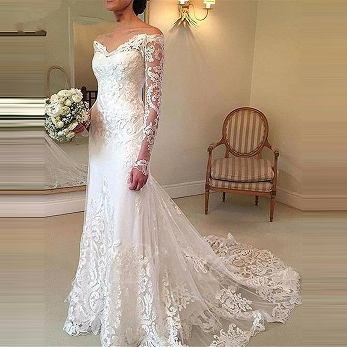 V-Neck Lace Appliques Wedding Dresses 