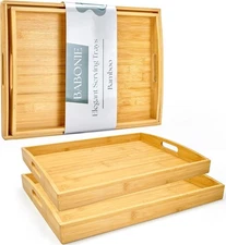 Bamboo Serving Tray with Handles Set of 2 - Decorative Wooden Trays for Eating,