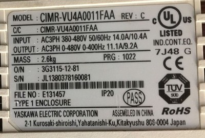 Yaskawa V1000 Frequenzumrichter CIMR-VU4A0011FAA 5,5 kW / 7,5 HP