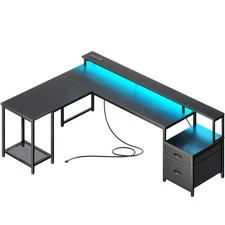 66 Inch L Shaped Computer Desk with Power Outlets and LED Lights, Home Office...