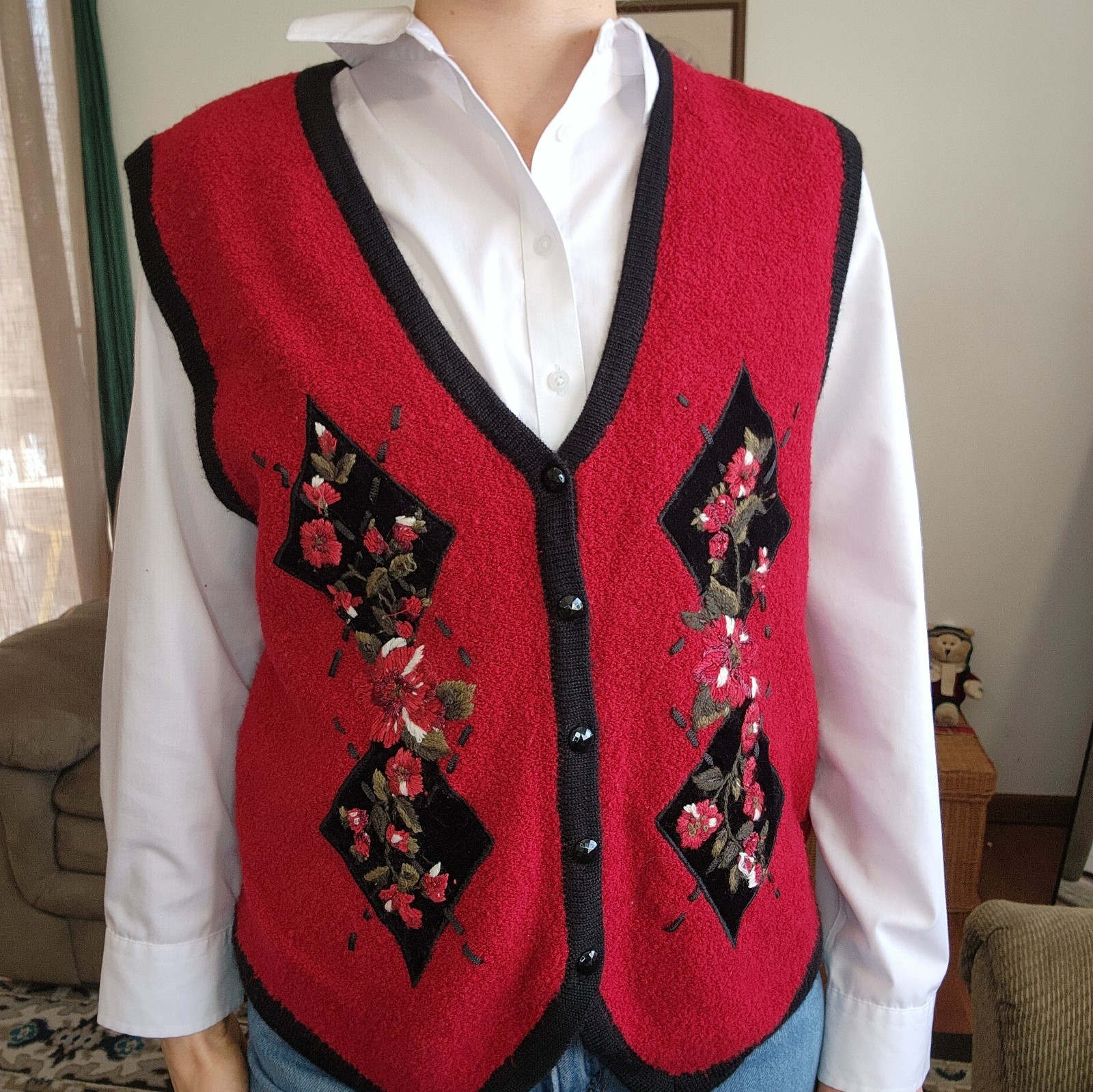 Koret Floral Embroidered Button Down Sweater Vest… - image 1