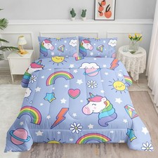 Kids Comforter Set Cartoon Rainbow Unicorn Printed Pattern Bedding Set with 1...