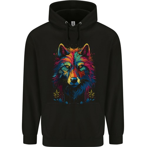 Colourful Fantasy Wolf Face Childrens Kids Hoodie
