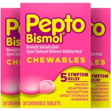 Pepto Bismol Chewable Tablets, Upset Stomach Relief, 30 Count pack of 3