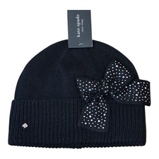 Kate Spade Sparkle Bow Winter Hat, Knit Grosgrain Beanie, Black Silver, NWT, New