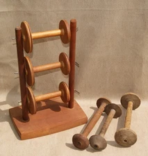 Antique Wooden Slotted Knitting Spool Holder with 3 Turning Spools + 3 Spools
