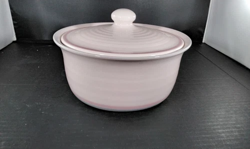 On A  Pfaltzgraff AURA Pink Blue Bands Covered CASSEROLE DISH In USA