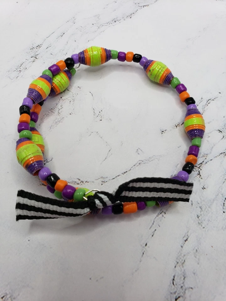 Halloween Memory Wire Bracelet With Handpainted Paper Beads For Large Wrist - Image 4 of 4