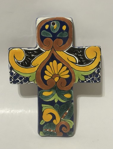 Talavera Pottery Cross Wall Hanging Blue Green Floral Mexico Mexican Folk Art - Picture 5 of 6