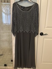 JKara Woman’s Tea Length Beaded Cowl Neck Gown Dress Size 10 Gray