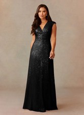 NWT Azazie Women's Sacramento A-Line Ruched Sequin Dress Black Size 4