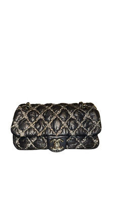 Chanel Black Quilted Satin Tweed Medium Classic Single Flap Shoulder Bag Gold Ha