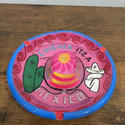 Vintage Souvenir Hand Painted Terracotta Sombrero ''Chichen-Itza, Mexico'' Ashtray