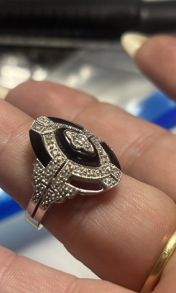 ¡Increíble oro blanco de 14k con ónix y diamantes! ¡Estilo Art Deco! Foto 4 de 4