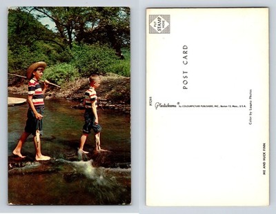 Me Huck Finn Postcard Boys Fishing 1954 Colourpicture Plastichrome Chrome