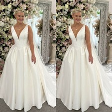 Simple Wedding Dresses V Neck With Cape Satin A Line Sweep Train Bridal Gowns