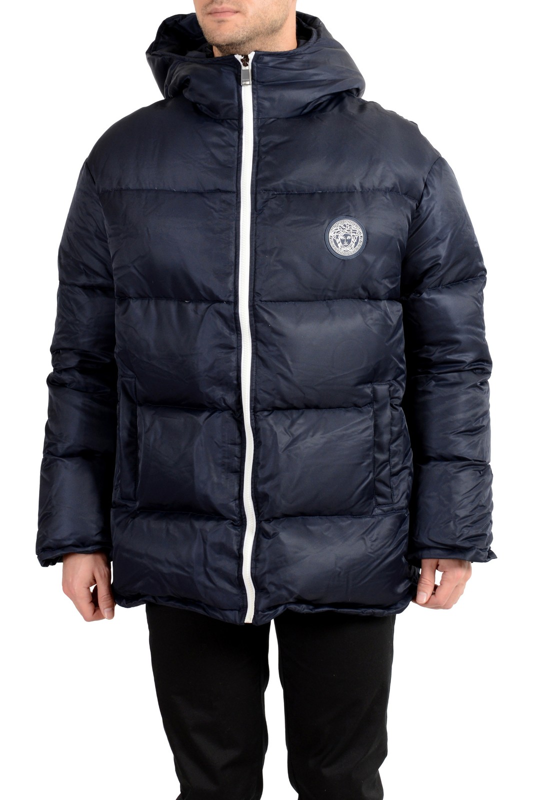 Мужская темно-синяя потертая куртка-парка Versace с капюшоном на молнии US S IT 48 161590₽