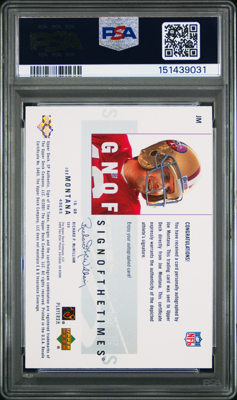 2001 SP AUTHENTIC SIGN OF THE TIMES #JM JOE MONTANA PSA 8 view 2