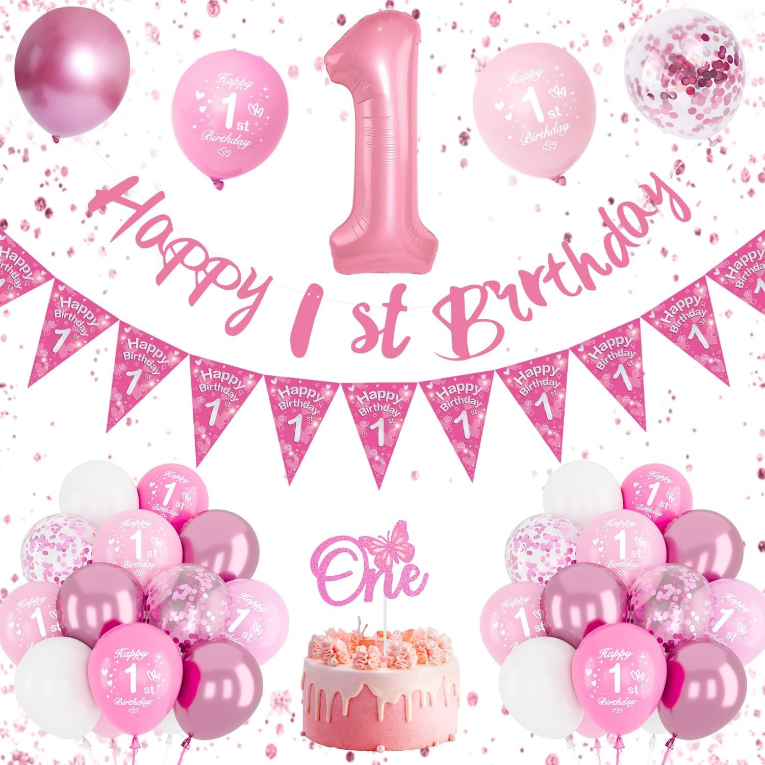 Pink 1st Birthday Decorations for Girls With Happy Birthday Banner, 32 Inch Num