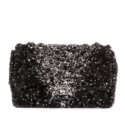 Chanel Black Ltd. Ed. Sequins Single Flap 25 Shoulder Bag Sequins Canvas