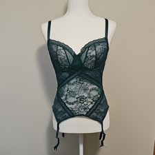 Adore Me Lace Mesh Bustier Garter Straps Floral Green 38B
