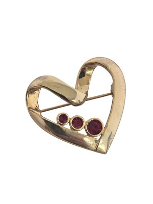Vintage Shiny Gold Tone Open Heart Brooch w/ Ruby Red Rhinestones