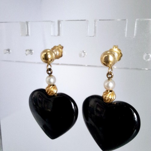 14k Gold Black Onyx Earrings Heart Dangle Vintage Post 1 5/8" Faux Pearl - Picture 8 of 11