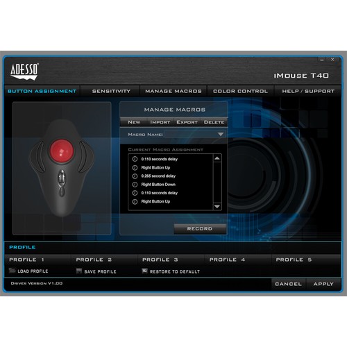 ADESSO IMOUSET40 2.4Ghz Wireless Programmable Ambidextrous Ergonomic Trackball - Picture 5 of 10